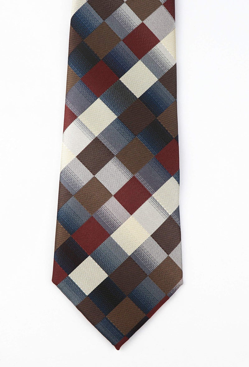 Secdtie Men's Classic Checks Dark Blue Grey Jacquard Woven Silk Tie Necktie (One Size, Brown) - Image 5